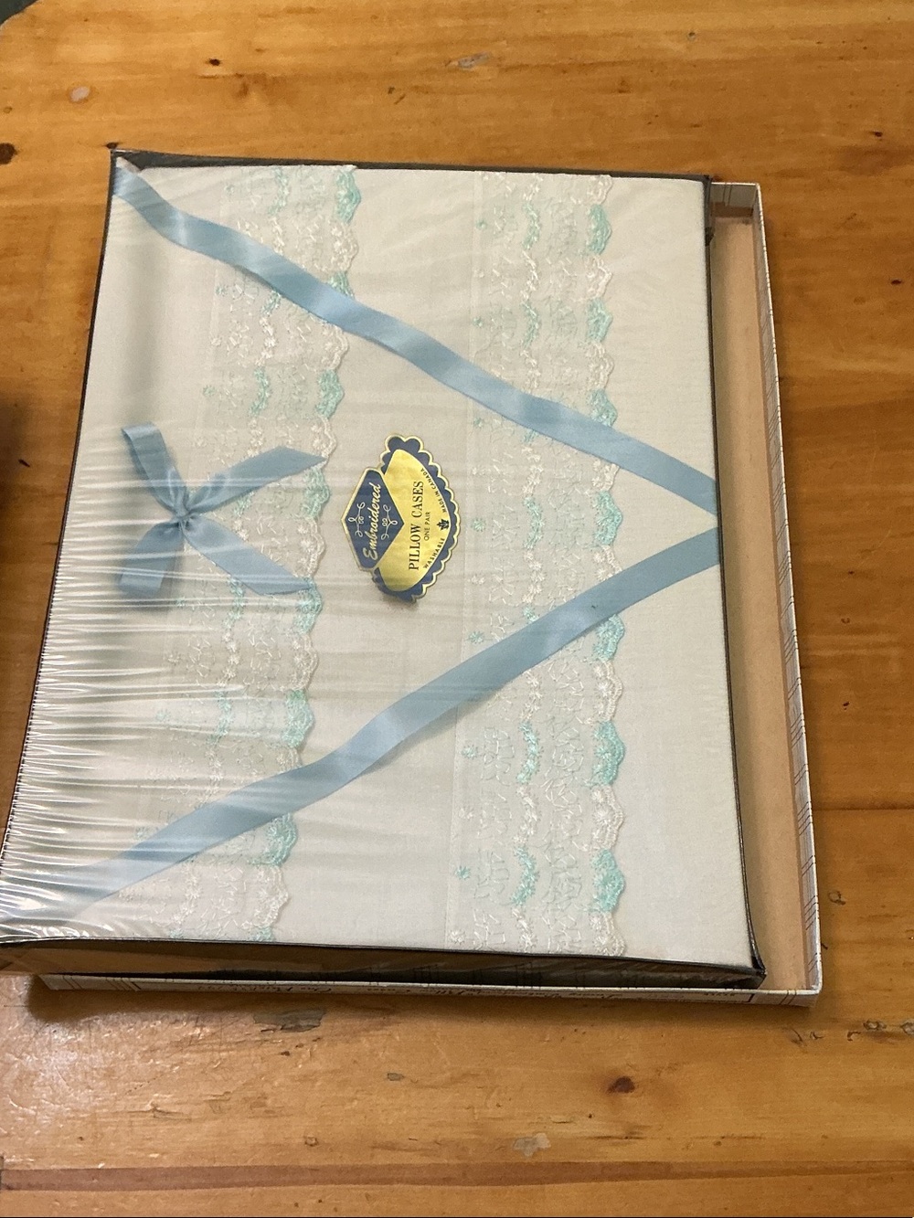 Vintage Embroidered Blue Pillow Cases Pair New